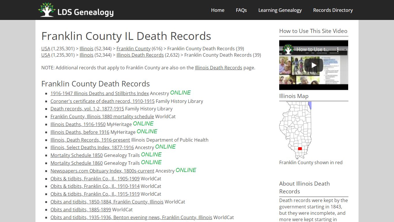 Franklin County IL Death Records - LDS Genealogy